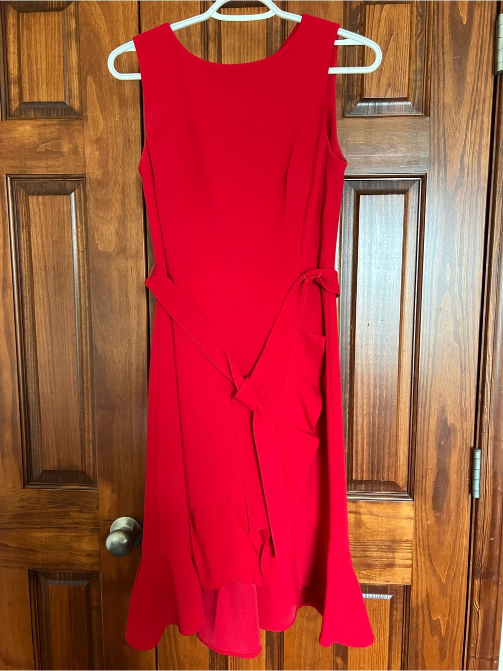 Calvin Klein Bright Red Sleeveless Midi Dress with Waist Tie